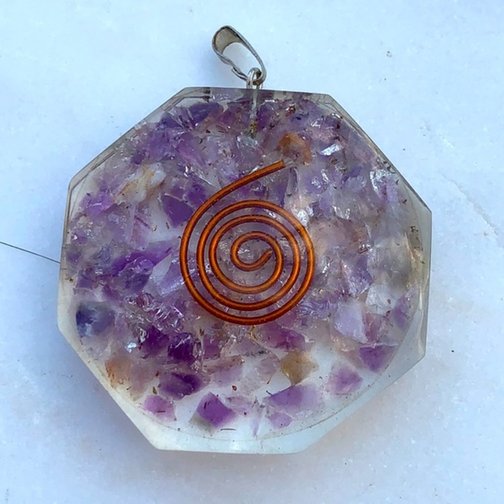 Orgone Octagon Shaped Pendant with Purple Amethyst Crystals